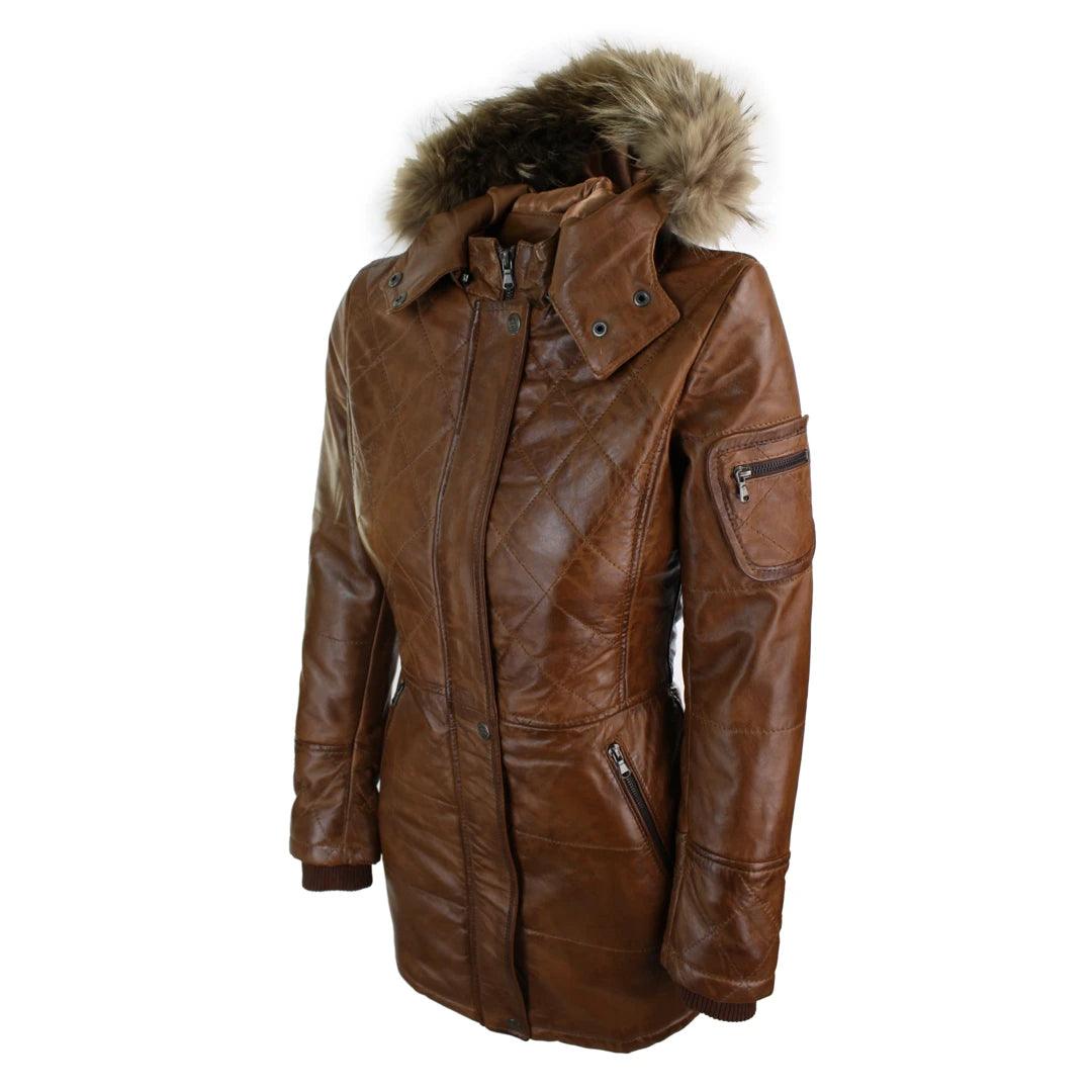 Ladies Black Real FUR HOODED Parka Real Leather Jacket Winter Coat - Knighthood Store