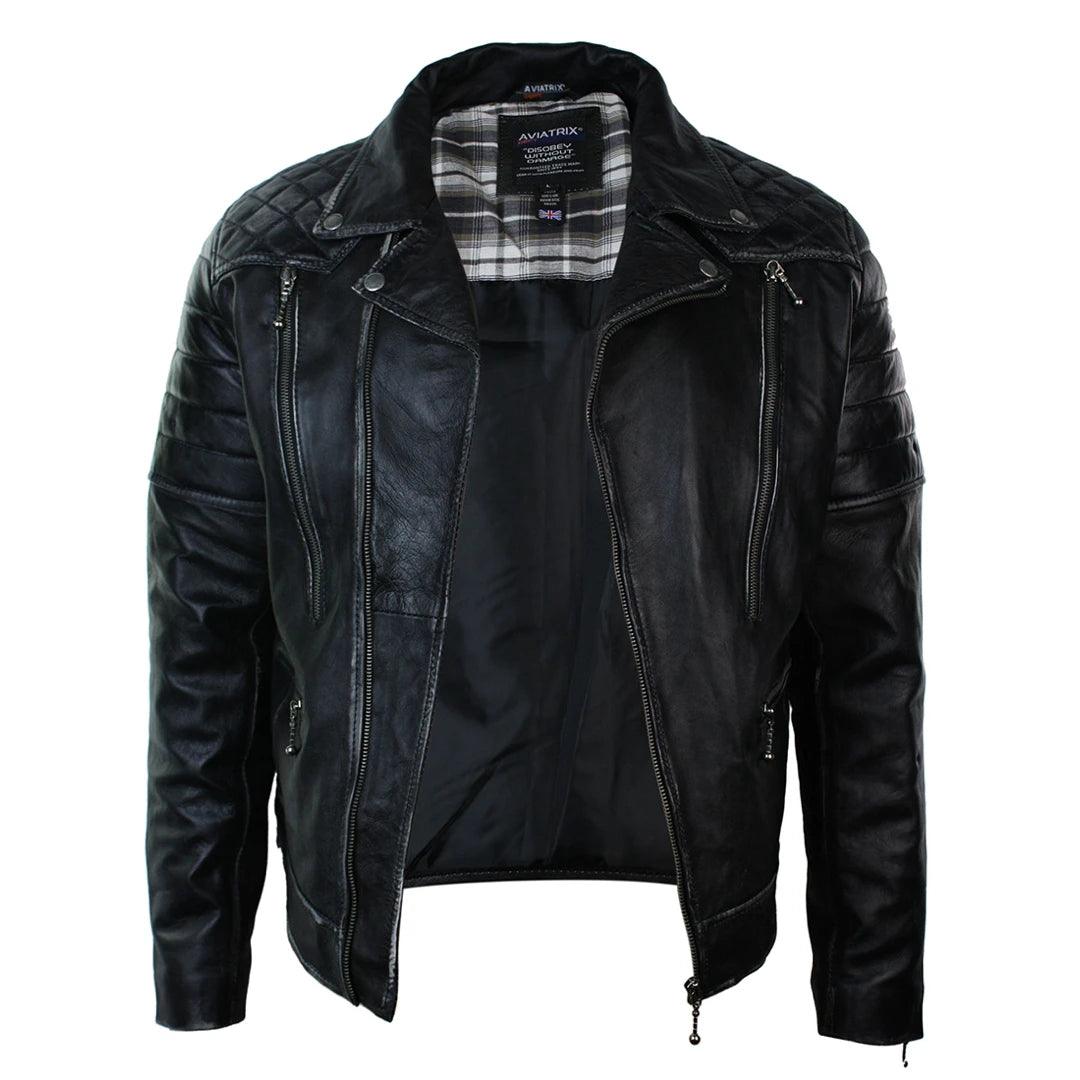 Mens Punk Rock Real Leather Cross Zip Biker Jacket Vintage Retro Effect - Knighthood Store