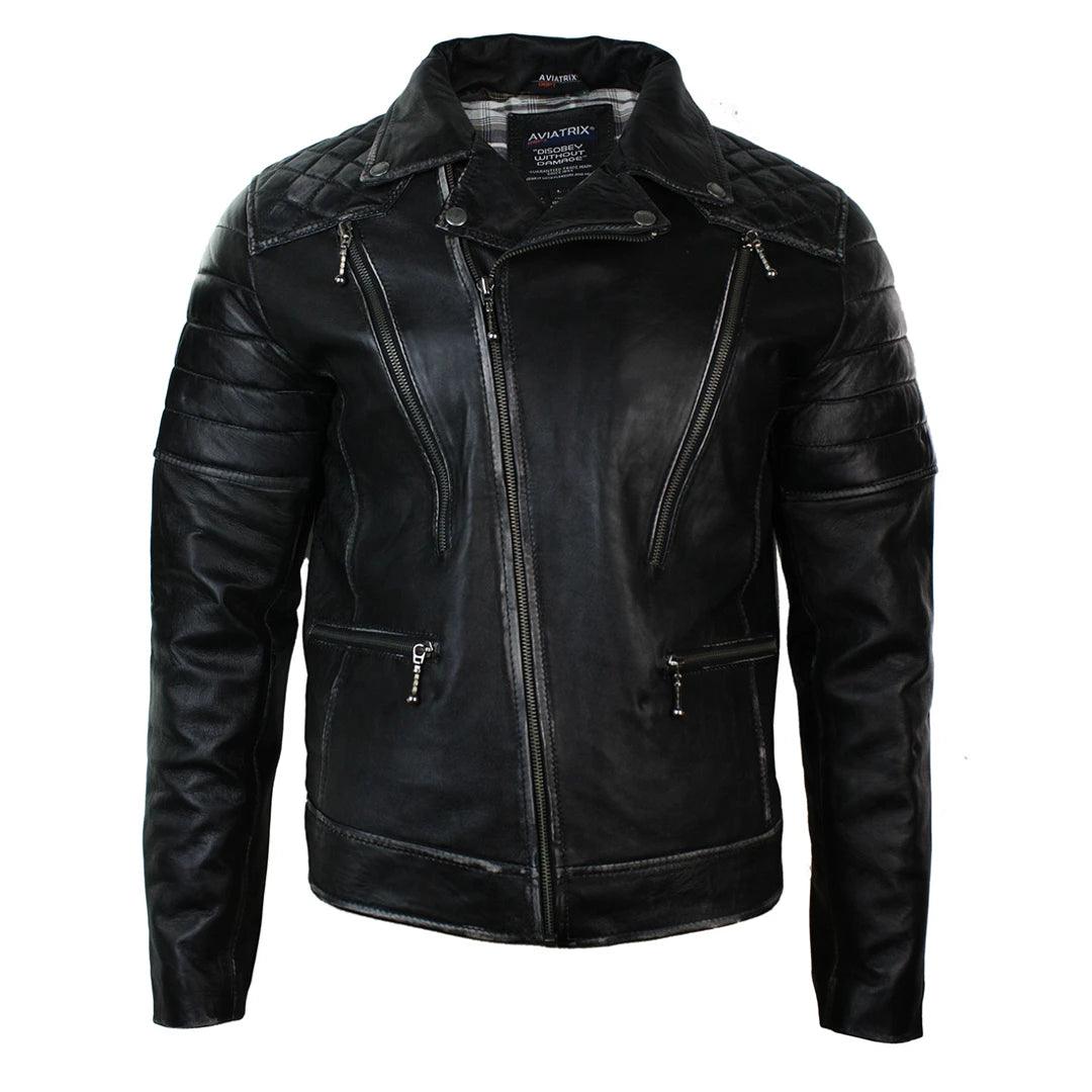 Mens Punk Rock Real Leather Cross Zip Biker Jacket Vintage Retro Effect - Knighthood Store