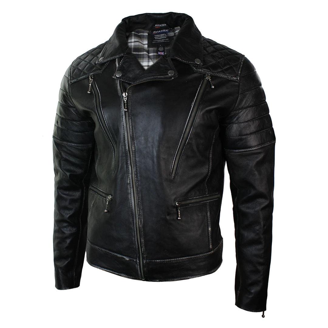 Mens Punk Rock Real Leather Cross Zip Biker Jacket Vintage Retro Effect - Knighthood Store