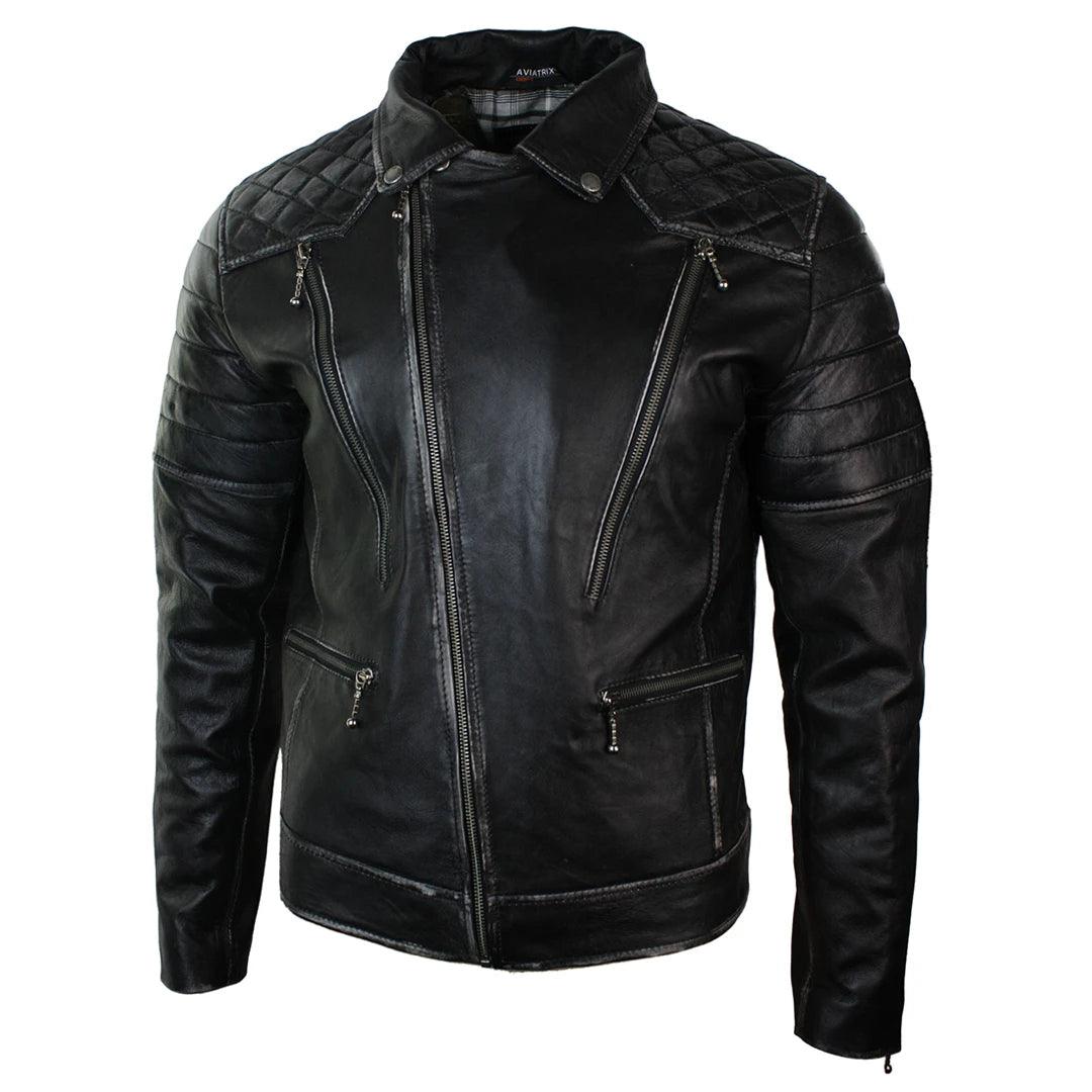Mens Punk Rock Real Leather Cross Zip Biker Jacket Vintage Retro Effect - Knighthood Store