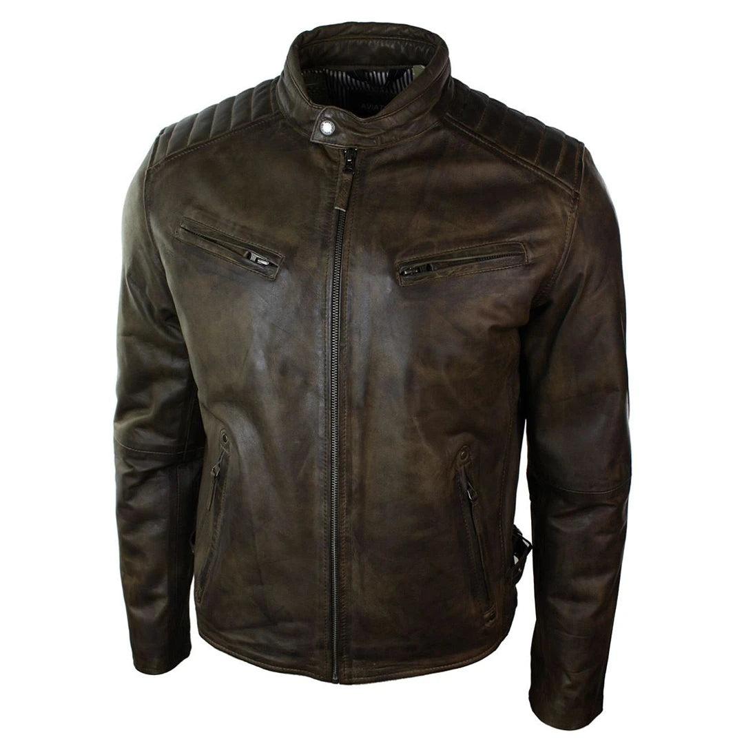 Mens Slim Fit Retro Style Zipped Biker Jacket Real Washed Leather Brown Urban - Knighthood Store