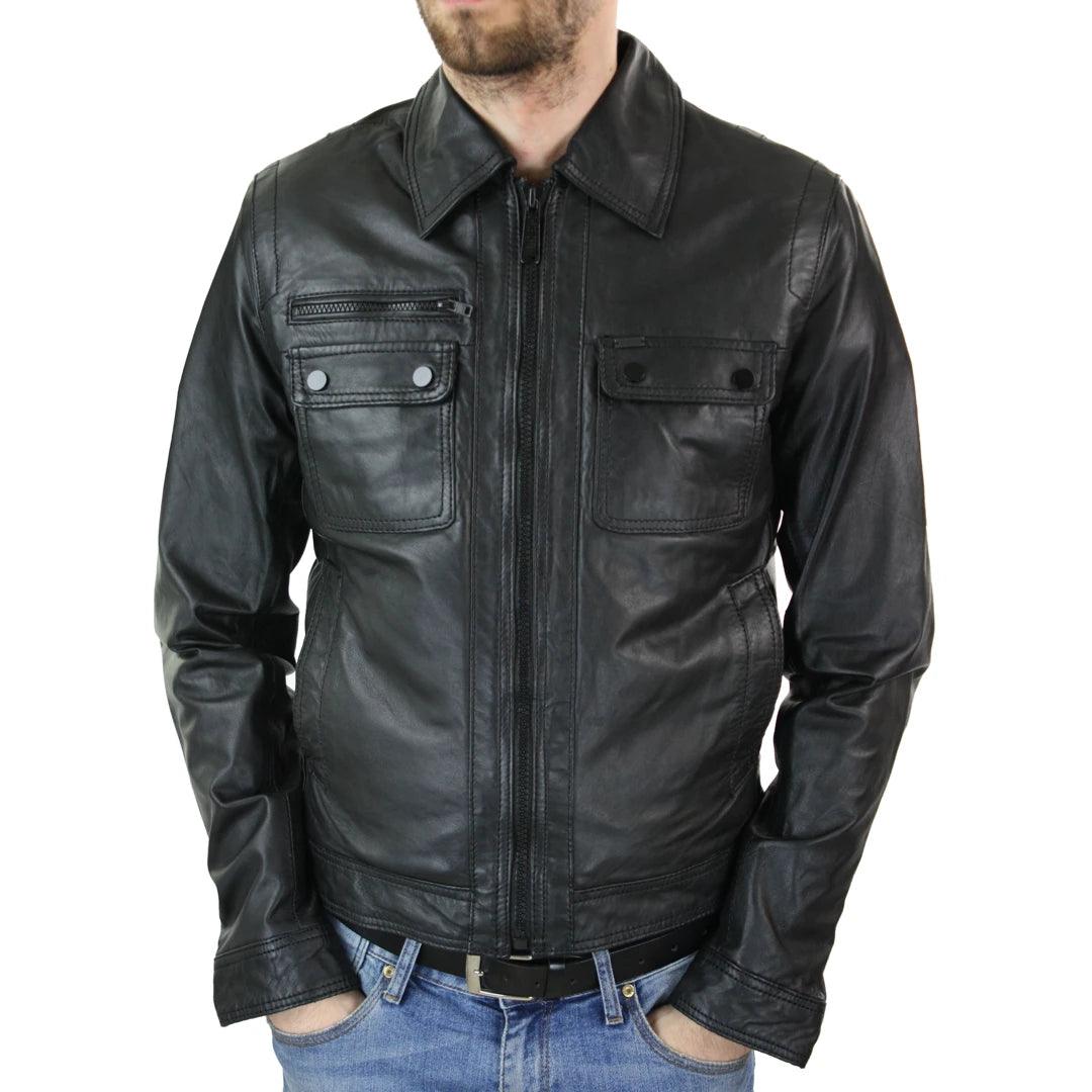 Mens Black Zip Vintage Classic Slim Fit Real Leather Short Jacket Retro - Knighthood Store