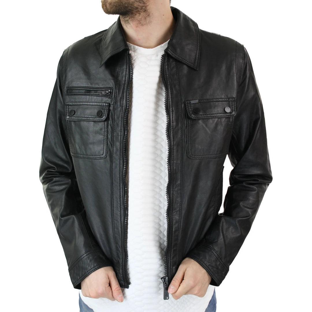 Mens Black Zip Vintage Classic Slim Fit Real Leather Short Jacket Retro - Knighthood Store