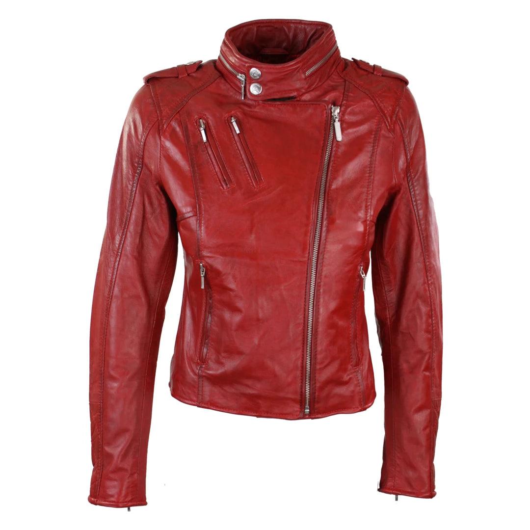 Ladies Women Genuine Real Leather Slim Fit Red Biker Jacket Velvet Lining - Knighthood Store