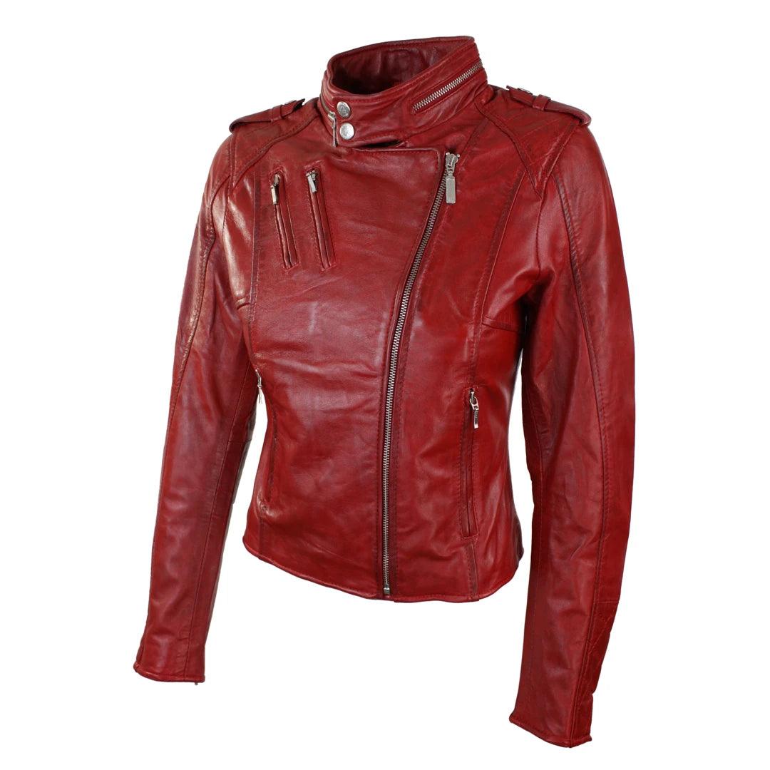 Ladies Women Genuine Real Leather Slim Fit Red Biker Jacket Velvet Lining - Knighthood Store
