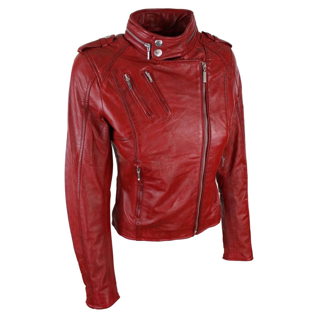 Ladies Women Genuine Real Leather Slim Fit Red Biker Jacket Velvet Lining - Knighthood Store
