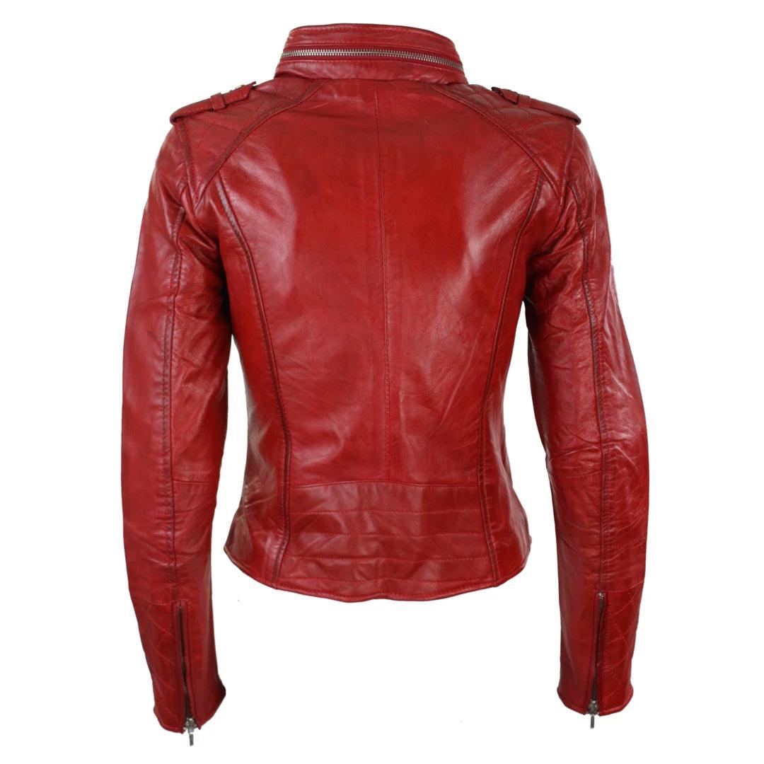 Ladies Women Genuine Real Leather Slim Fit Red Biker Jacket Velvet Lining - Knighthood Store