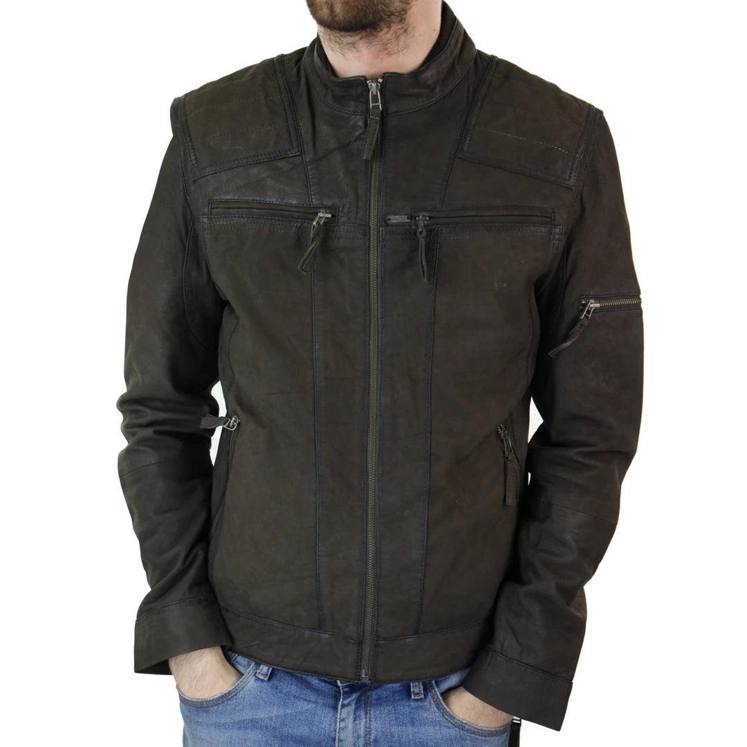 Mens Biker Motorcycle Vintage Distressed Brown Zip Short Leather Jacket Suede - Knighthood Store