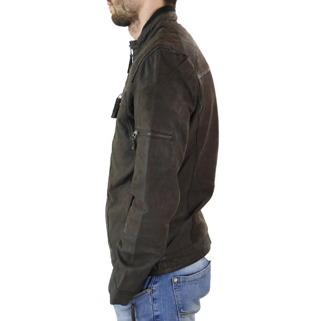 Mens Biker Motorcycle Vintage Distressed Brown Zip Short Leather Jacket Suede - Knighthood Store