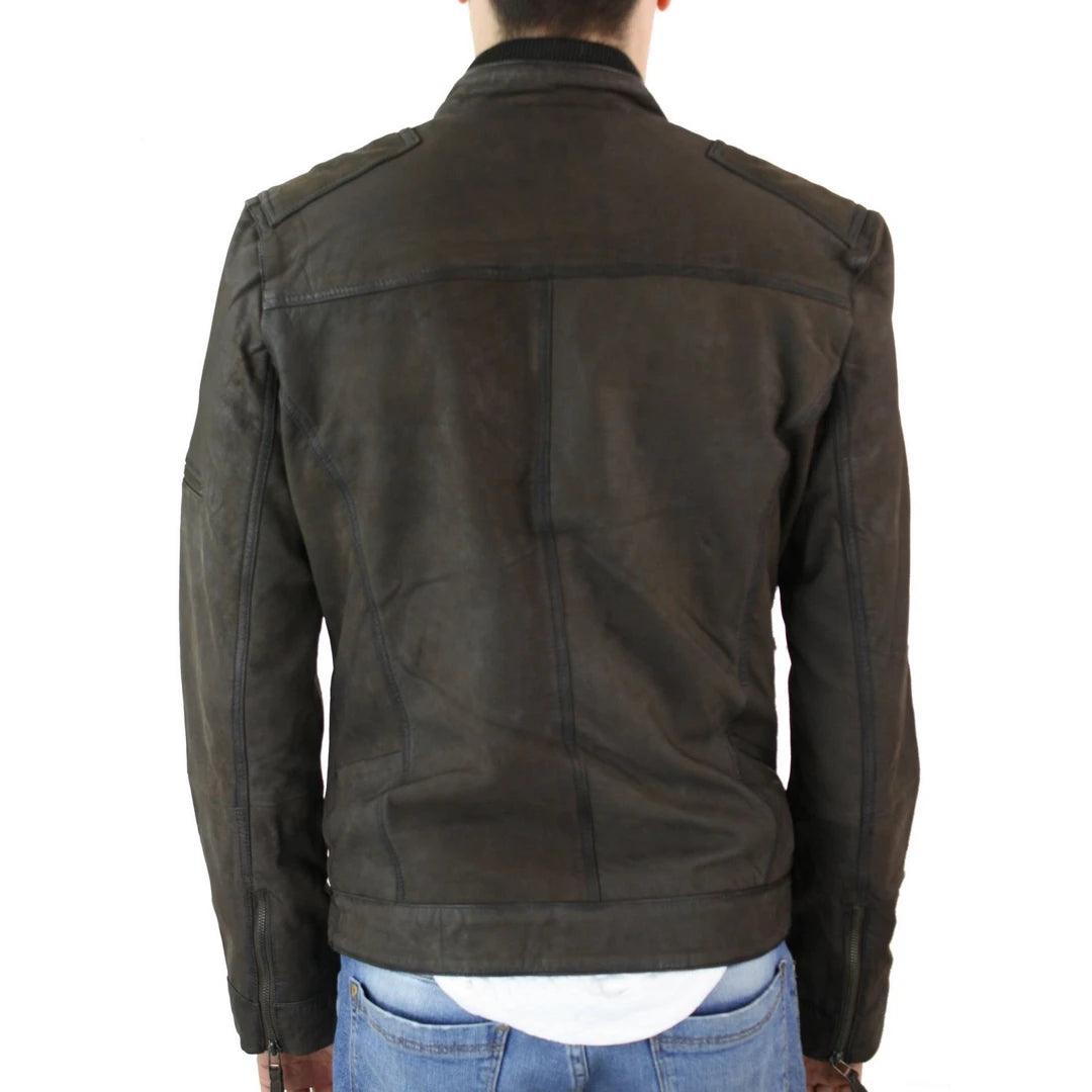 Mens Biker Motorcycle Vintage Distressed Brown Zip Short Leather Jacket Suede - Knighthood Store