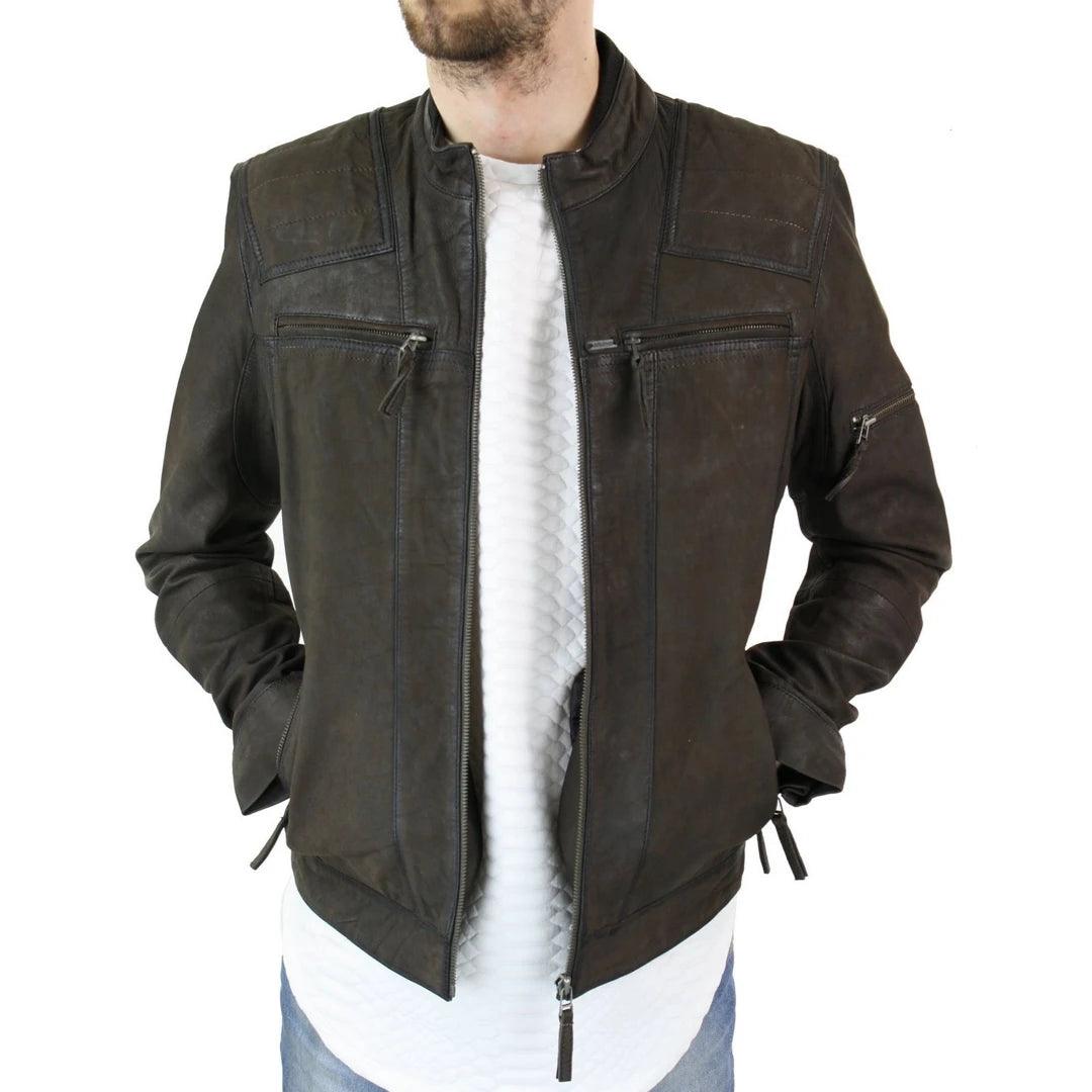 Mens Biker Motorcycle Vintage Distressed Brown Zip Short Leather Jacket Suede - Knighthood Store