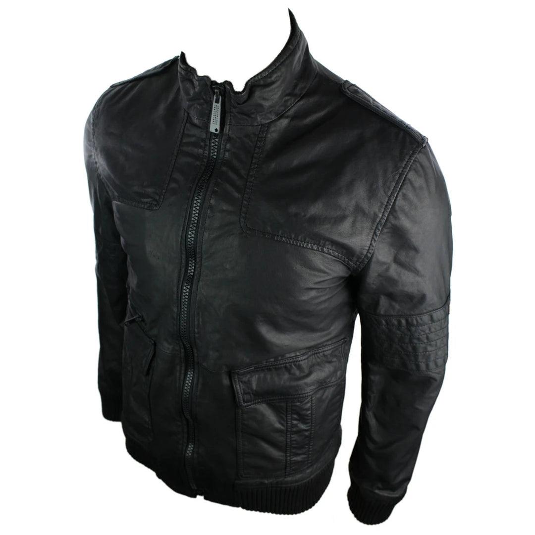 Mens All Retro Real Leather Jacket Jack Vintage Look Black Bomber - Knighthood Store