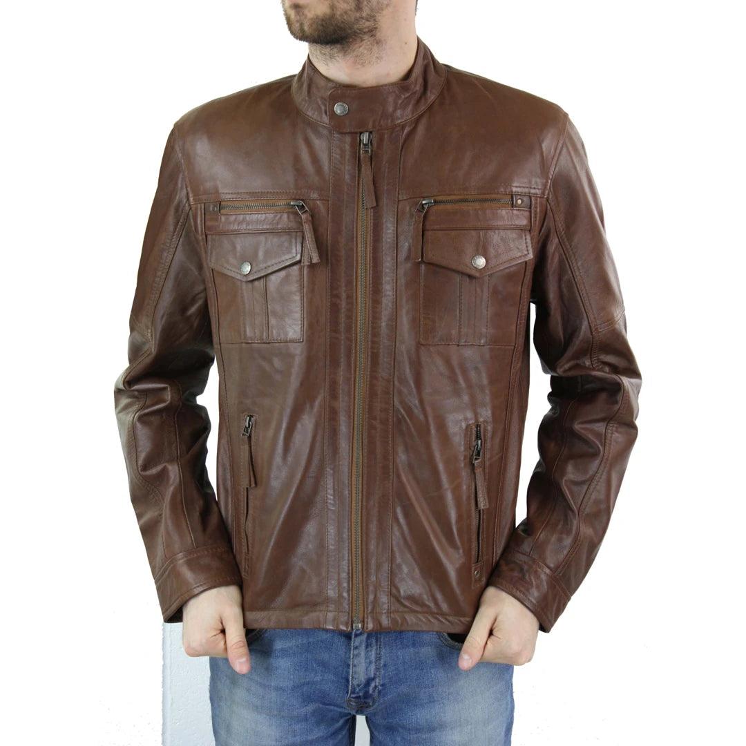 Mens Genuine Leather Biker Jacket Zipped Nehru Grandad Collar Regular Fit - Knighthood Store