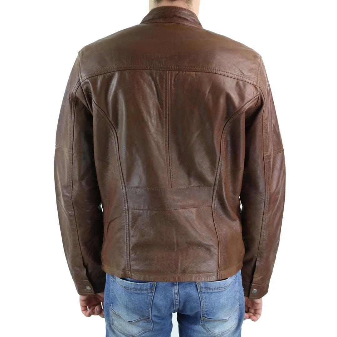 Mens Genuine Leather Biker Jacket Zipped Nehru Grandad Collar Regular Fit - Knighthood Store