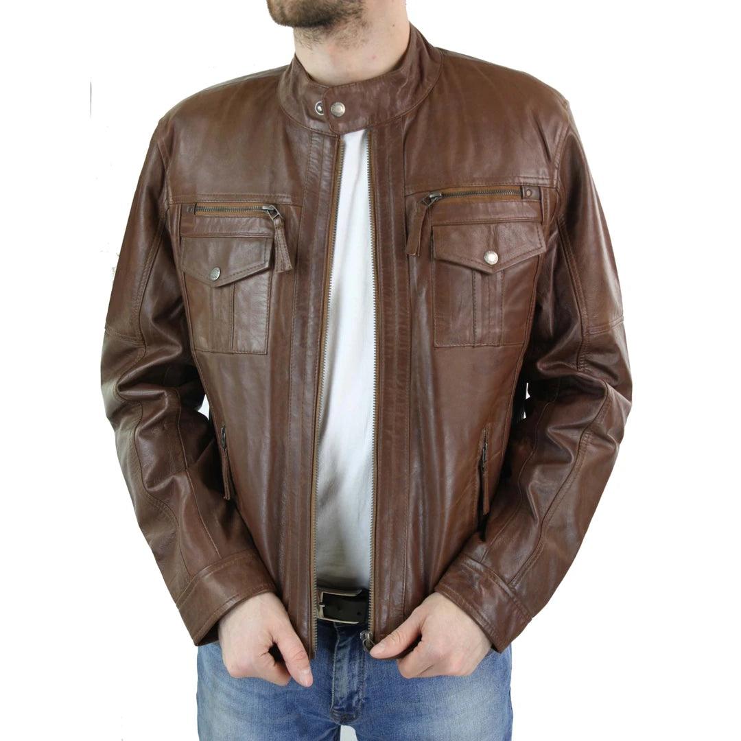 Mens Genuine Leather Biker Jacket Zipped Nehru Grandad Collar Regular Fit - Knighthood Store