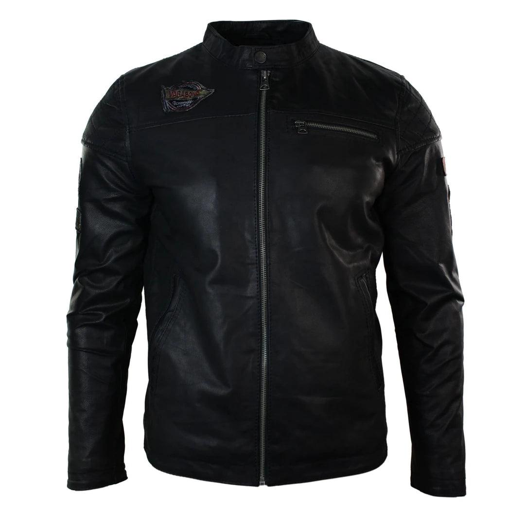 Mens Black Slim Fit Retro Vintage Casual Real Leather Biker Style Jacket Badges - Knighthood Store