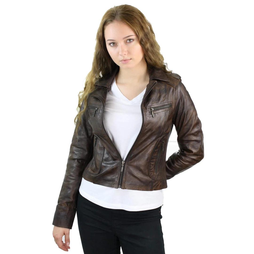 Ladies Women Real Leather Biker Rock Purple Red Slim Fit Jacket - Knighthood Store