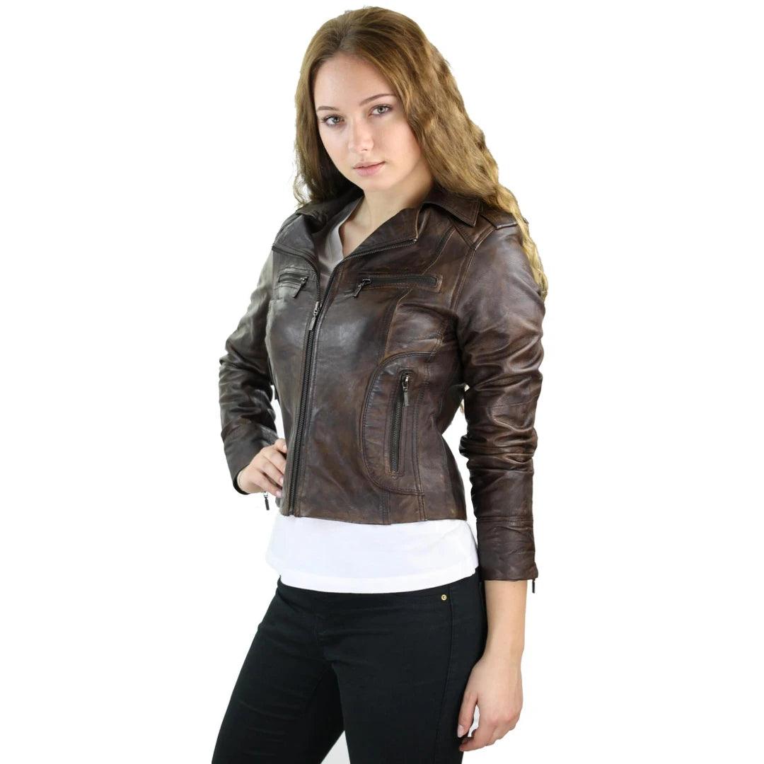 Ladies Women Real Leather Biker Rock Purple Red Slim Fit Jacket - Knighthood Store