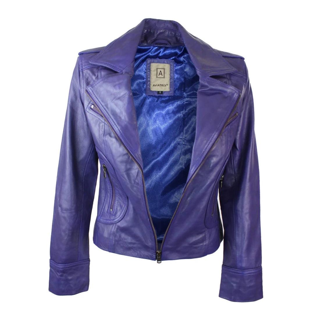 Ladies Women Real Leather Biker Rock Purple Red Slim Fit Jacket - Knighthood Store