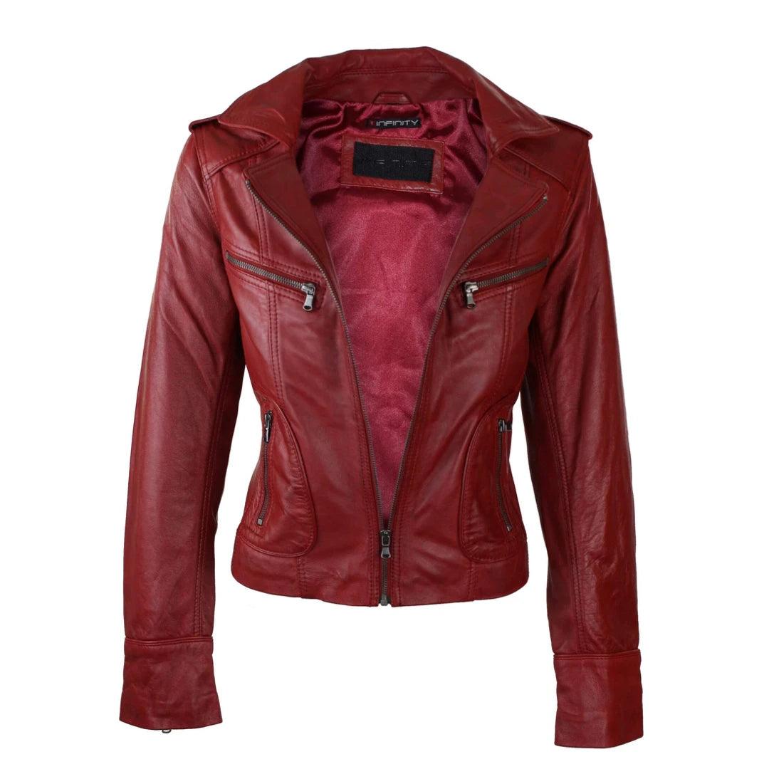 Ladies Women Real Leather Biker Rock Purple Red Slim Fit Jacket - Knighthood Store