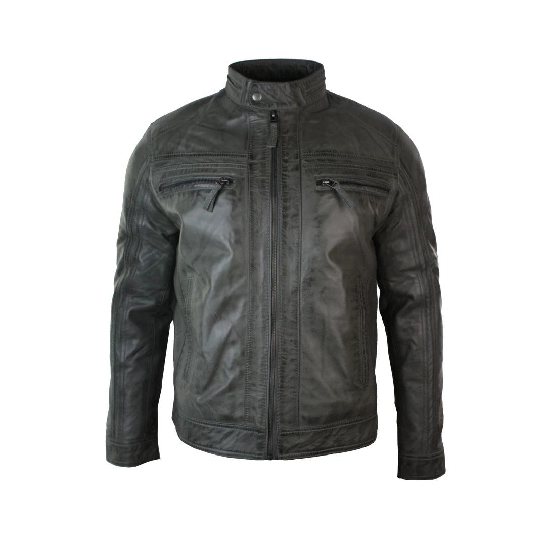 Mens Retro Style Zipped Biker Jacket Real Leather Soft Grey Vintage Smart Casual - Knighthood Store