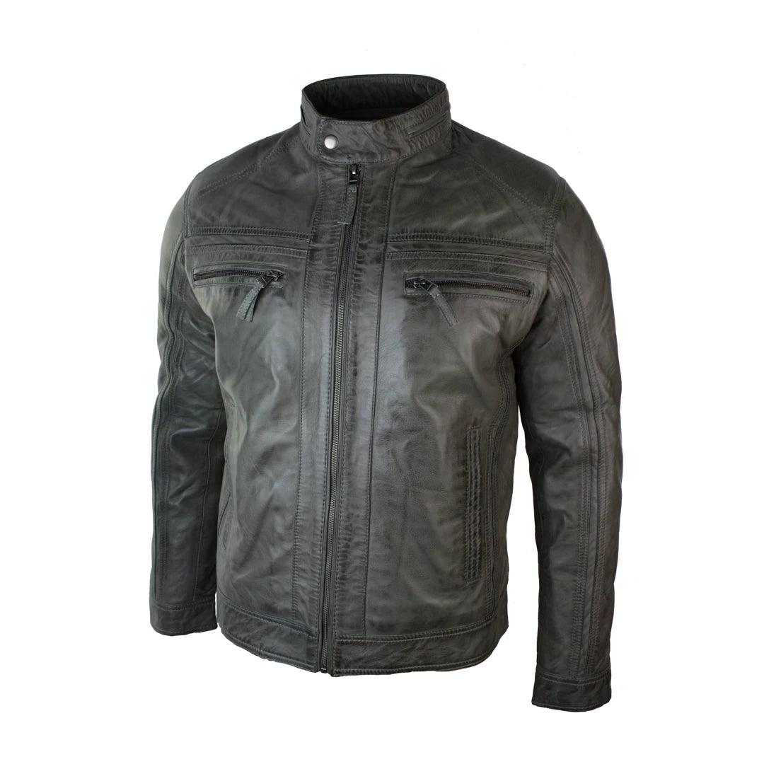 Mens Retro Style Zipped Biker Jacket Real Leather Soft Grey Vintage Smart Casual - Knighthood Store