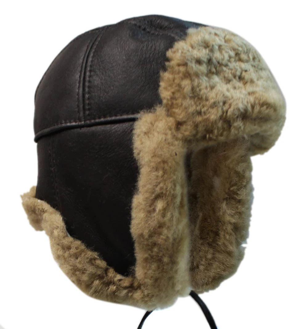 Mens Real Sherling Sheepskin Pilot Aviator Trapper Hat Brown Ginger Flying Cap Leather - Knighthood Store