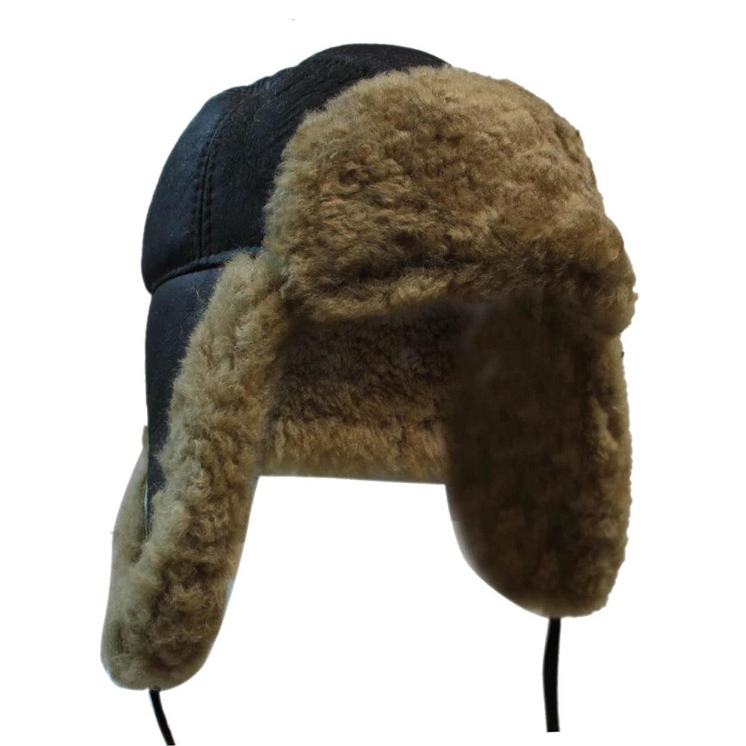 Mens Real Sherling Sheepskin Pilot Aviator Trapper Hat Brown Ginger Flying Cap Leather - Knighthood Store