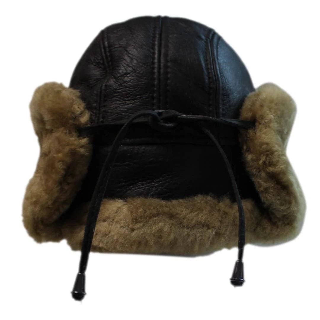 Mens Real Sherling Sheepskin Pilot Aviator Trapper Hat Brown Ginger Flying Cap Leather - Knighthood Store