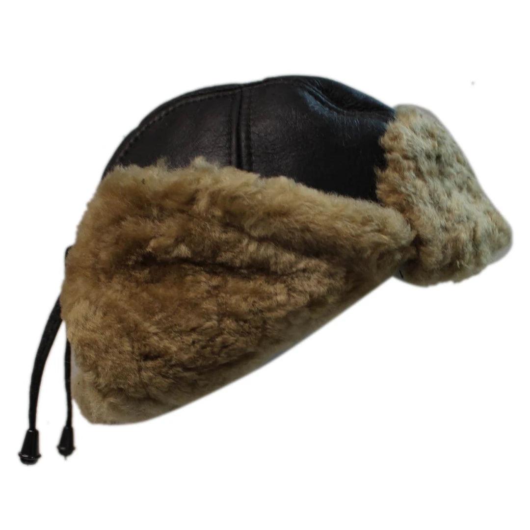 Mens Real Sherling Sheepskin Pilot Aviator Trapper Hat Brown Ginger Flying Cap Leather - Knighthood Store