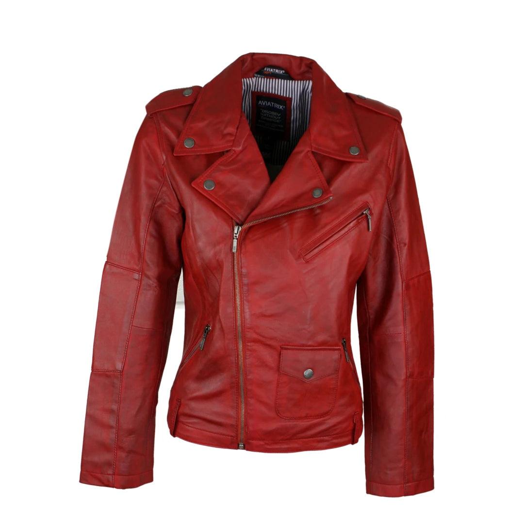 Ladies Women Real Genuine Soft Leather Biker Style Red Jacket - Knighthood Store