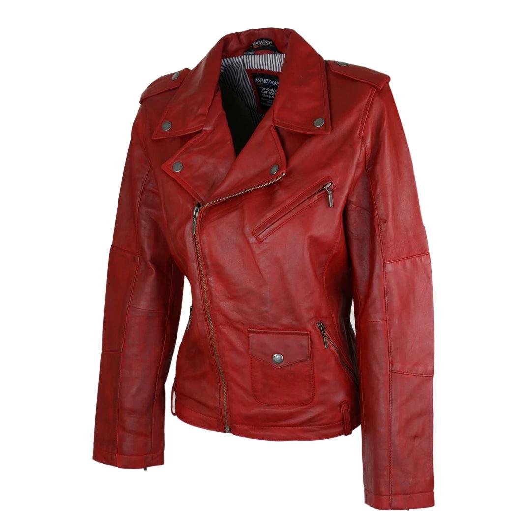 Ladies Women Real Genuine Soft Leather Biker Style Red Jacket - Knighthood Store