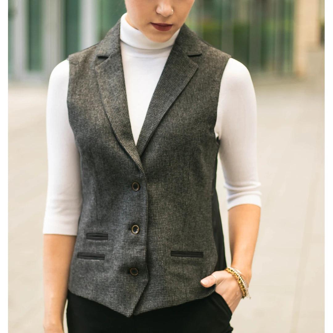 Women Grey Blazer Tweed Herringbone 1920's Peaky Waistcoat Tailored Fit Vintage - Knighthood Store