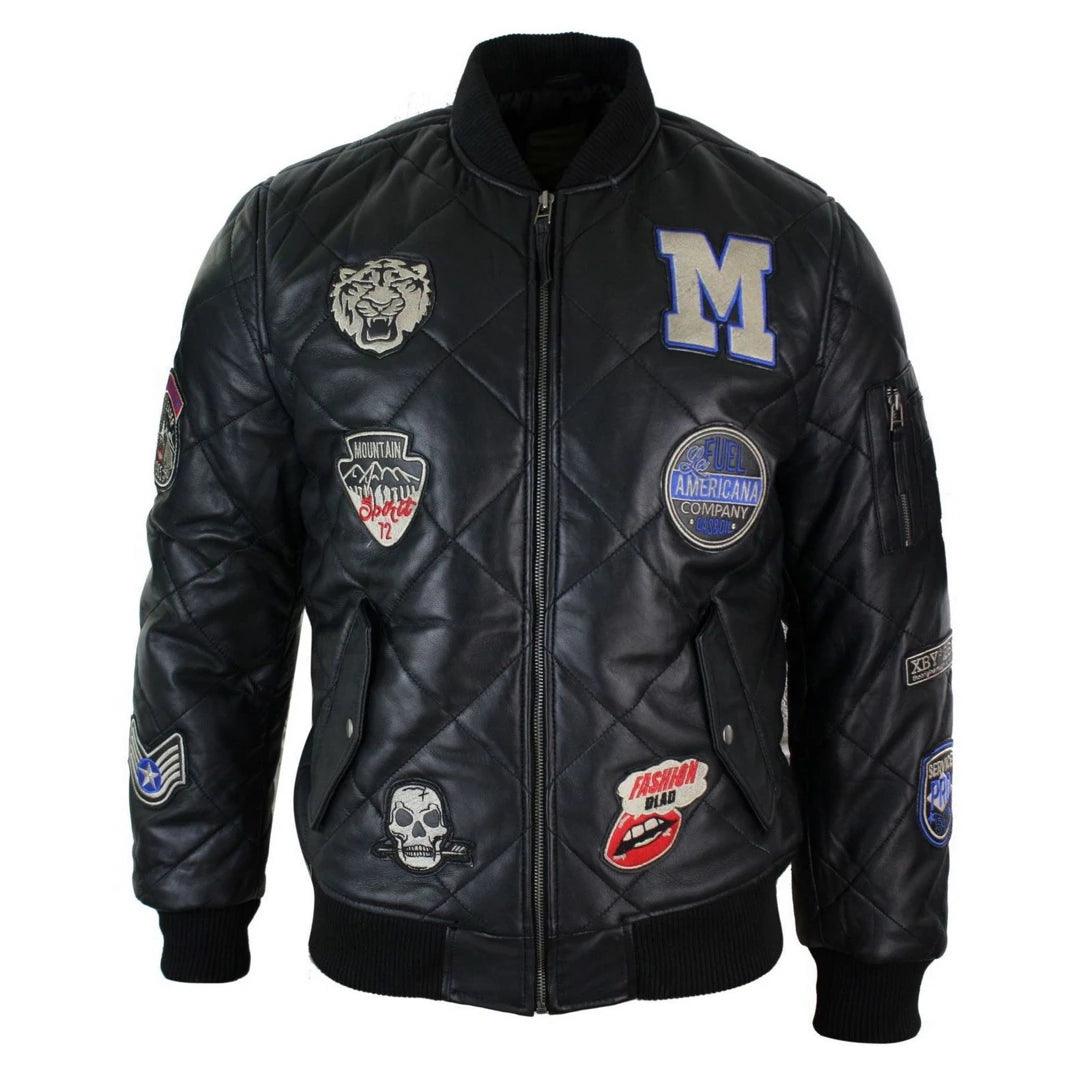 Mens Real Lether Quilted Puffer Varsity Baseball Bomber Letterman Jacket Badge - Knighthood Store