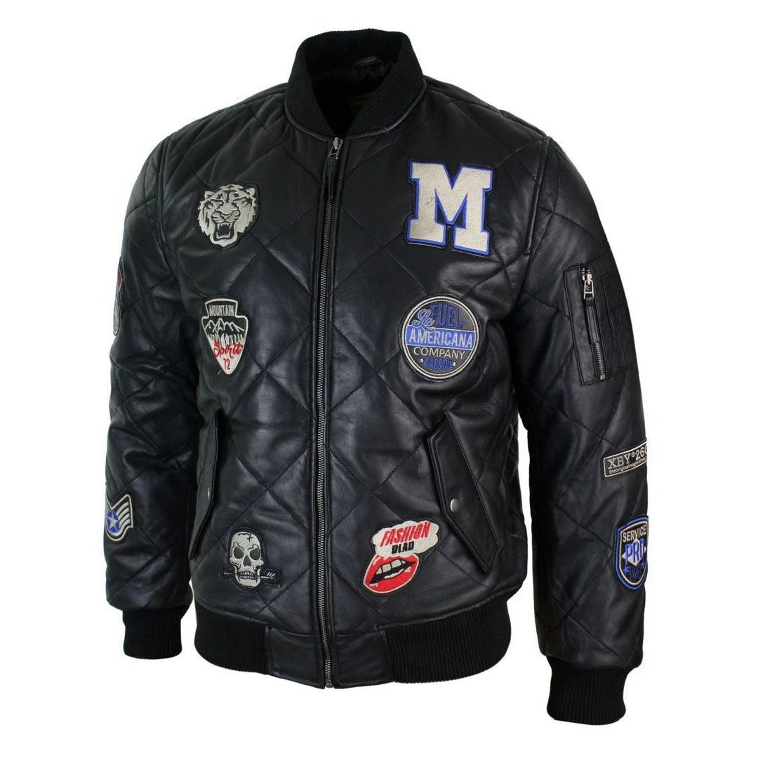 Mens Real Lether Quilted Puffer Varsity Baseball Bomber Letterman Jacket Badge - Knighthood Store