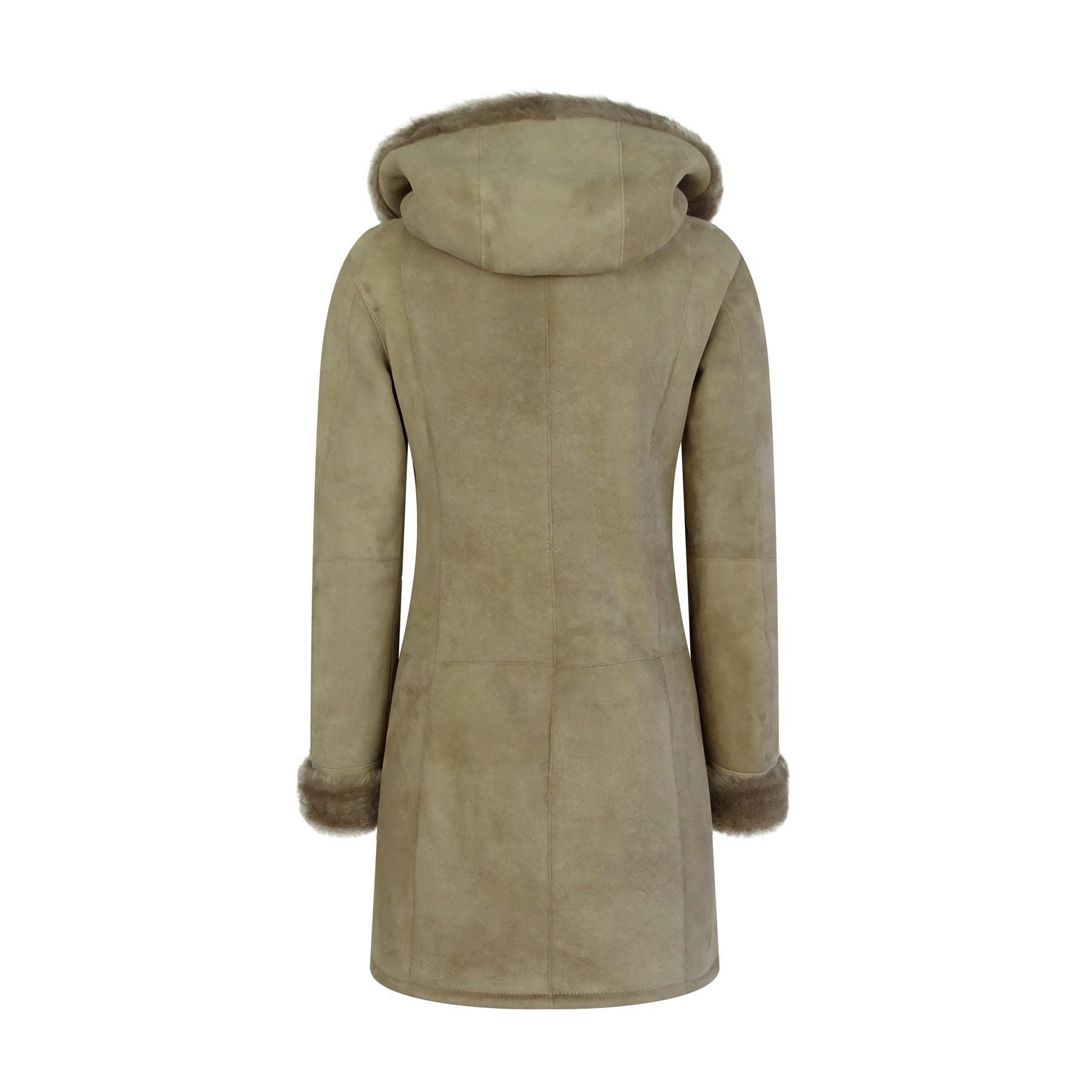 Womens Beige 3/4 Long Hood Real Morino Sheepskin Jacket Button Brown - Knighthood Store