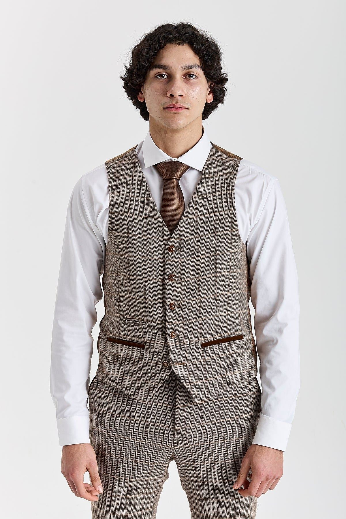 Harris - Men's Brown Tweed Herringbone Check Waistcoat