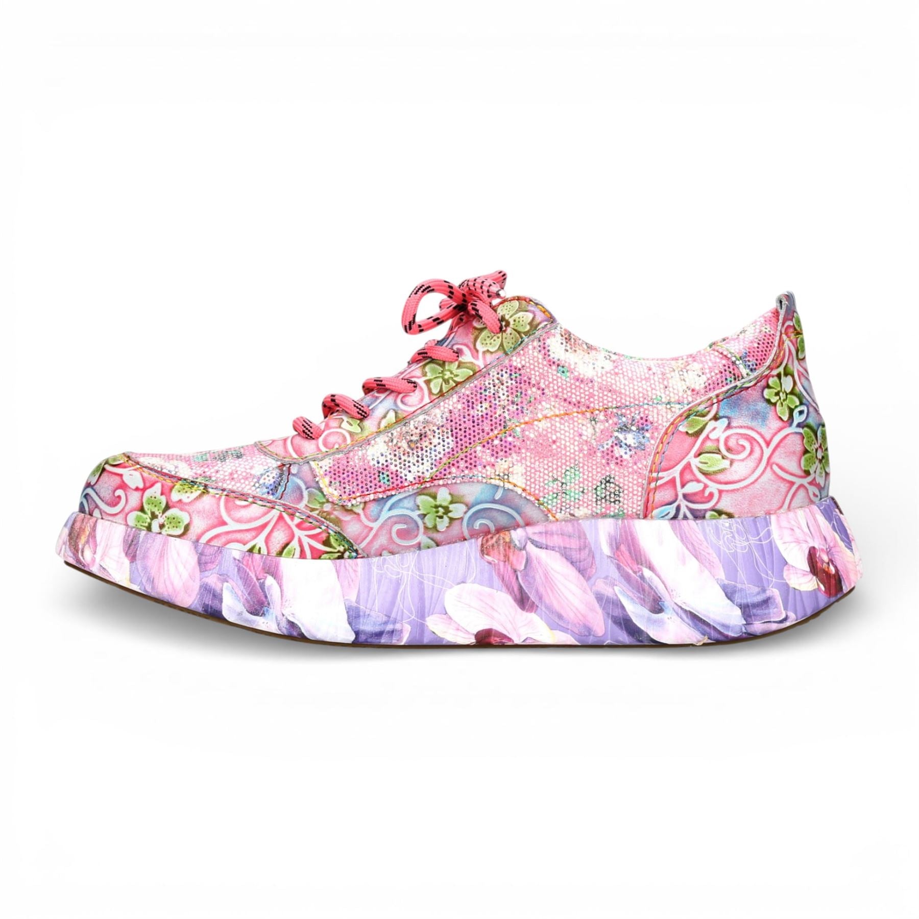 Nikito 62 - Women's Pink Floral Leather Platform Sneakers