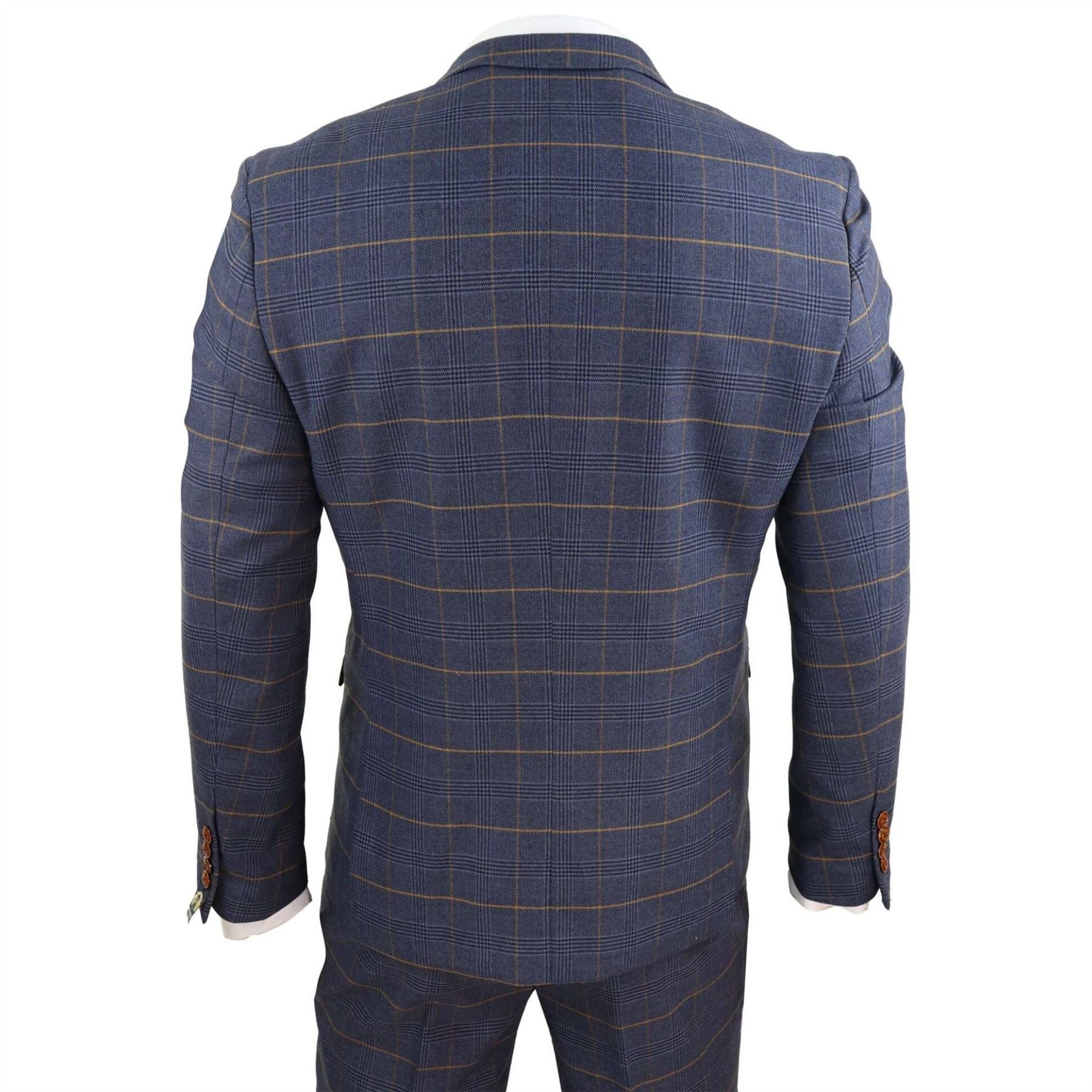 Mens 3 Piece Navy Blue Tan Check Double Breasted Waistcoat Formal Suit Classic