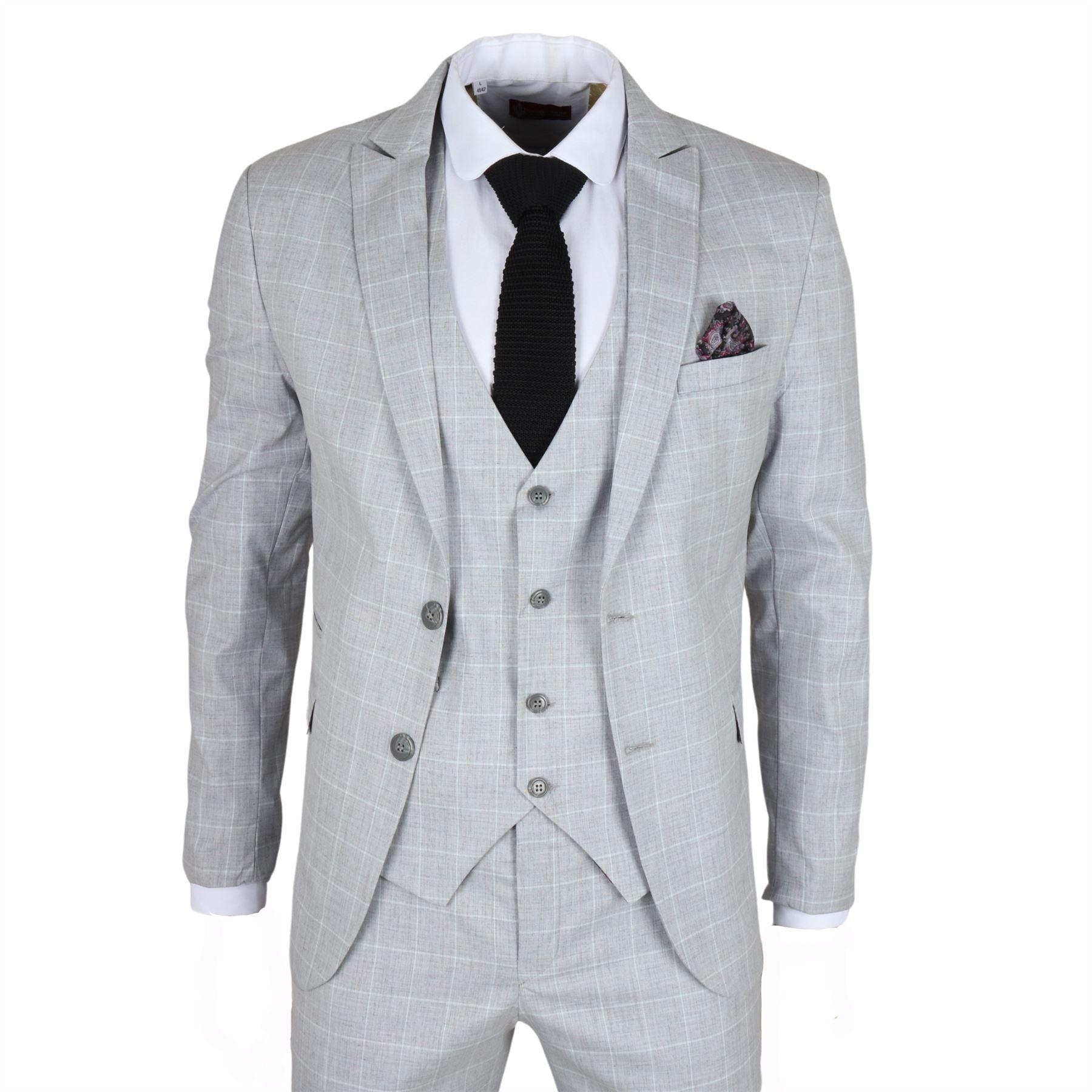 Men's Suit Grey Checked Tailored Fit 3 Piece Formal Dress - Knighthood Store