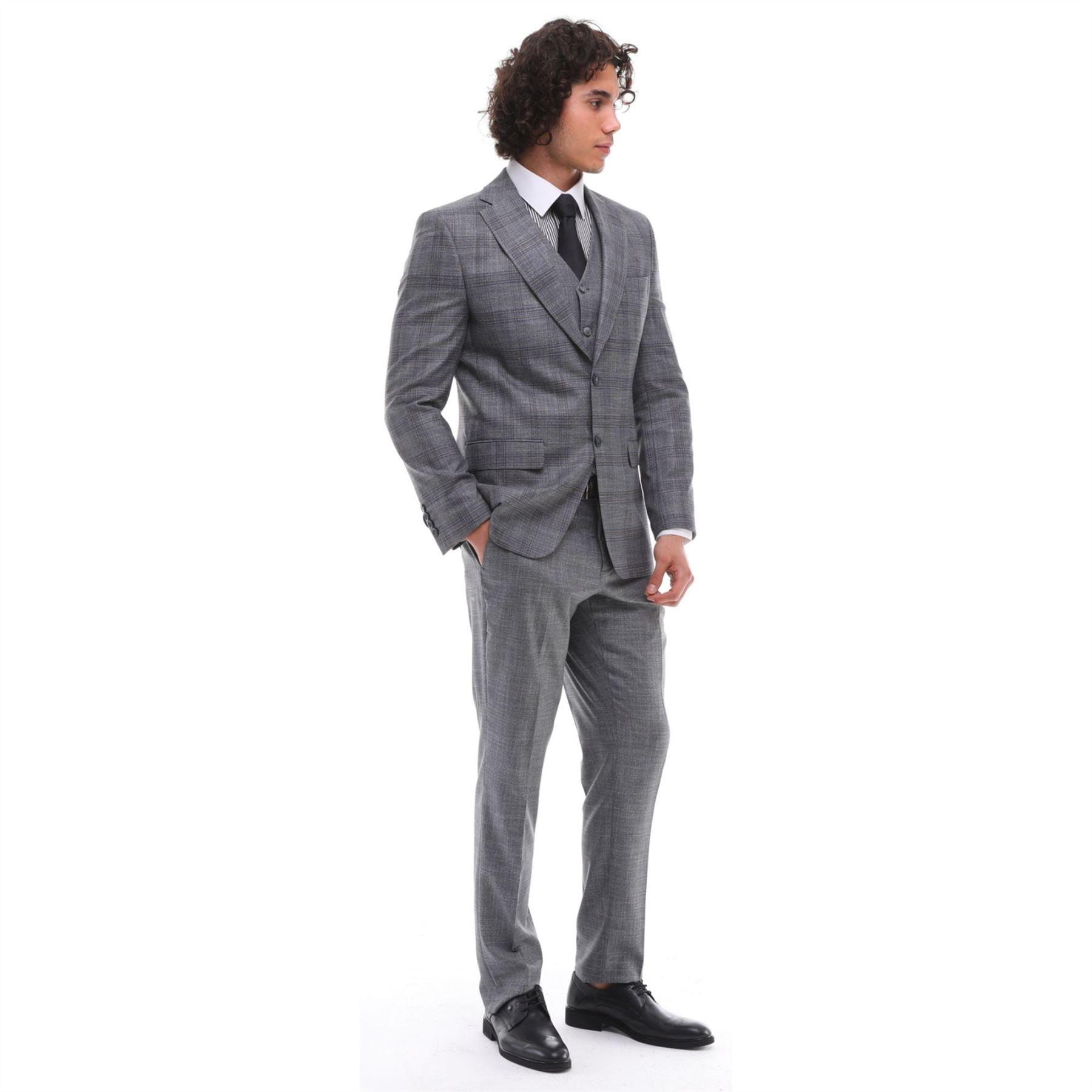Mens 3 Piece Suit Grey Blue Check Contrasting Waistcoat Trouser Wedding Prom - Knighthood Store