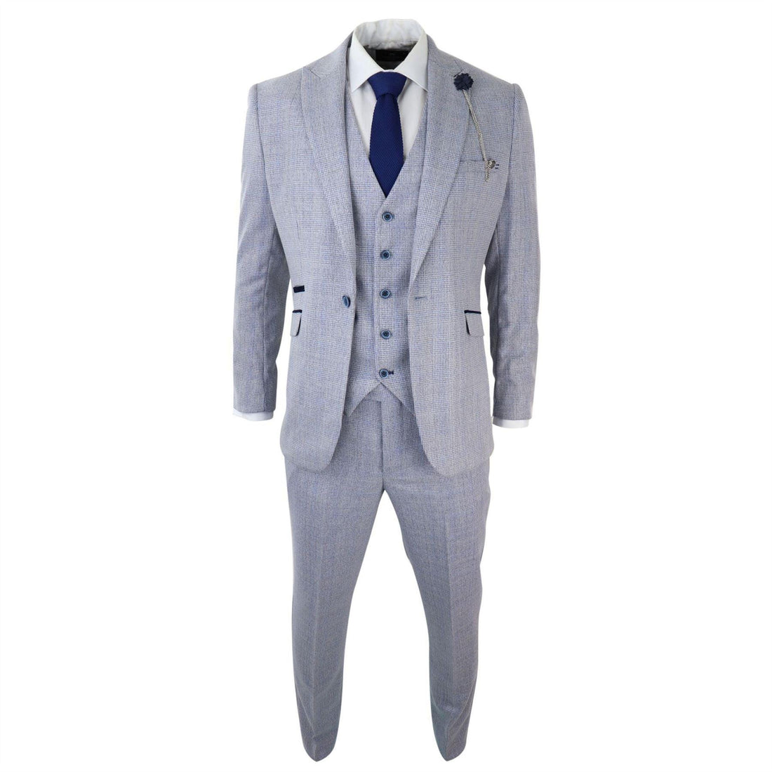 Mens 3 Piece Check Suit Tweed Light Blue Tailored Fit Wedding Peaky Classic - Knighthood Store