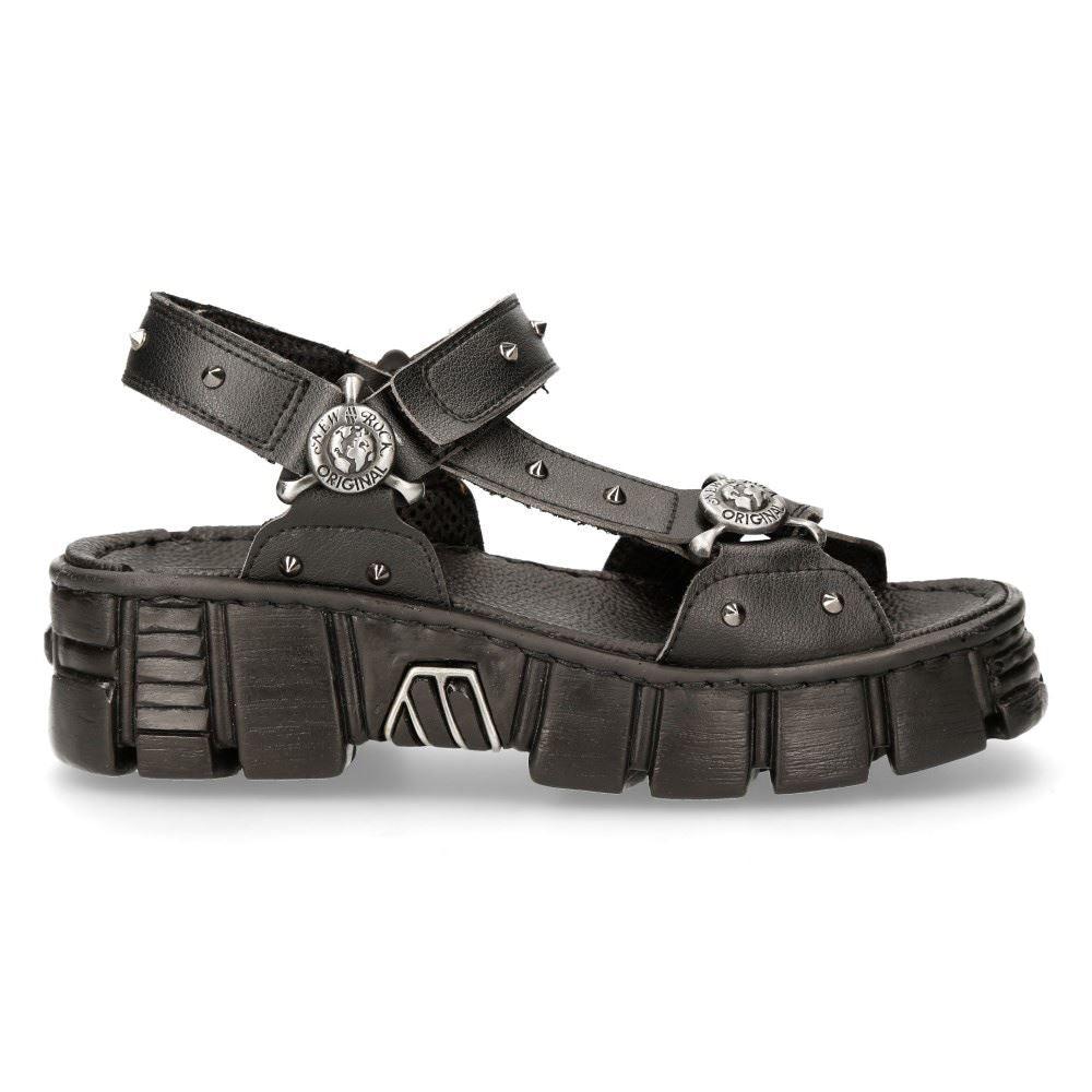 New Rock Boots BIOS120-V1 Unisex Metallic Black Vegan Leather Sandal Punk Rock - Knighthood Store