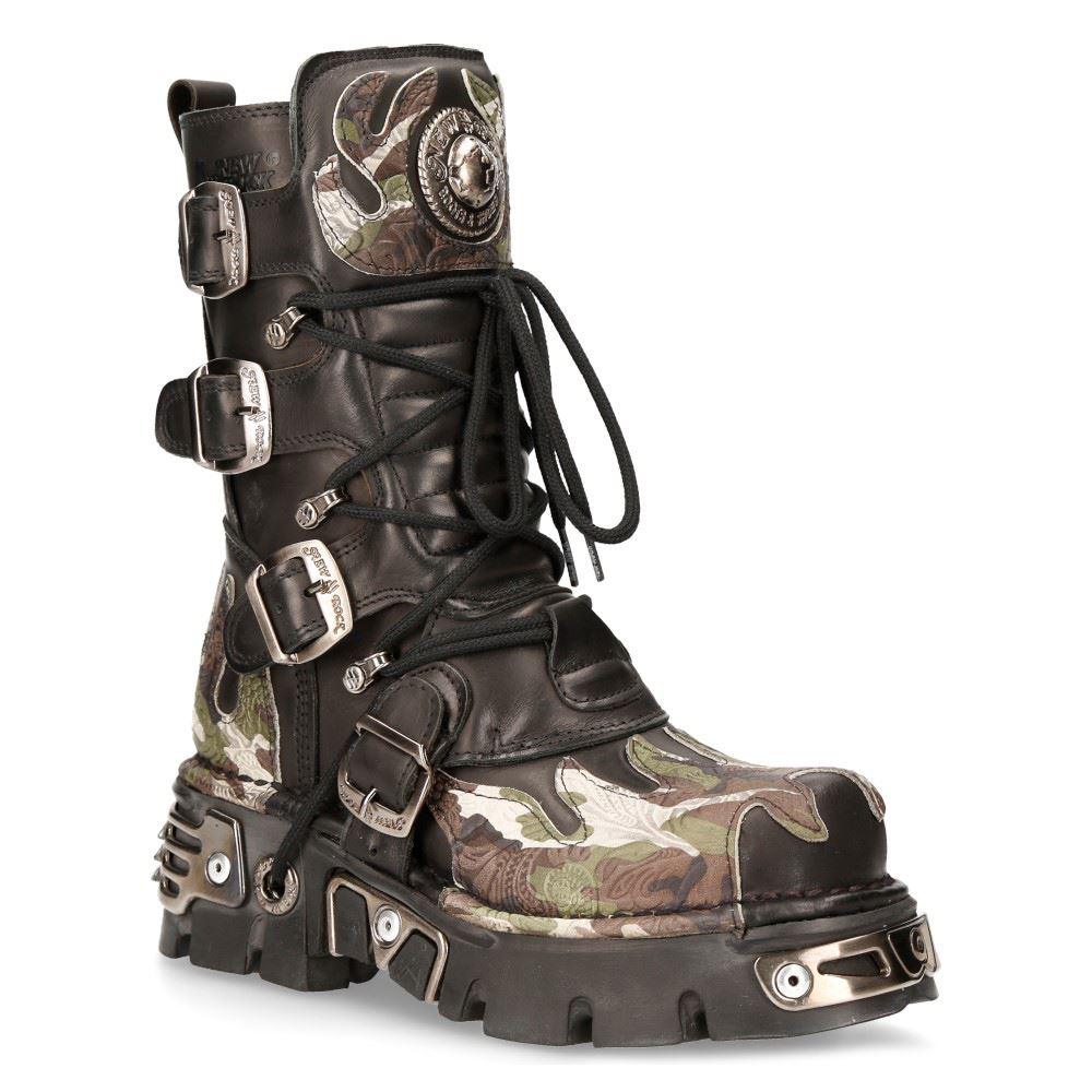 New Rock New Rock 591 S15 Camouflage Flame Metallic Black Leather Biker Goth Boot - Knighthood Store