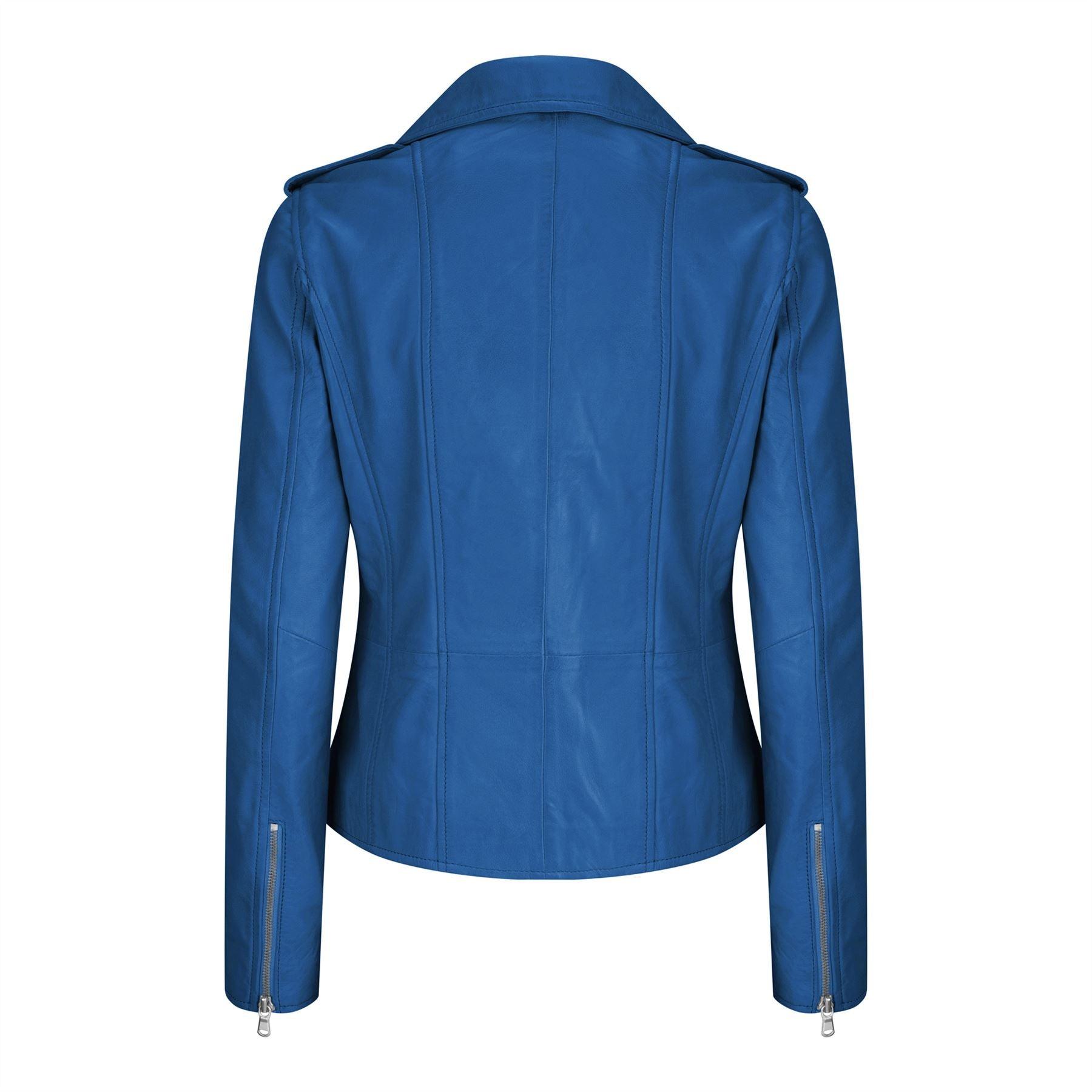 Womens Ladies Girls Soft Blue Real Leather Racing Biker Style Jacket - Knighthood Store