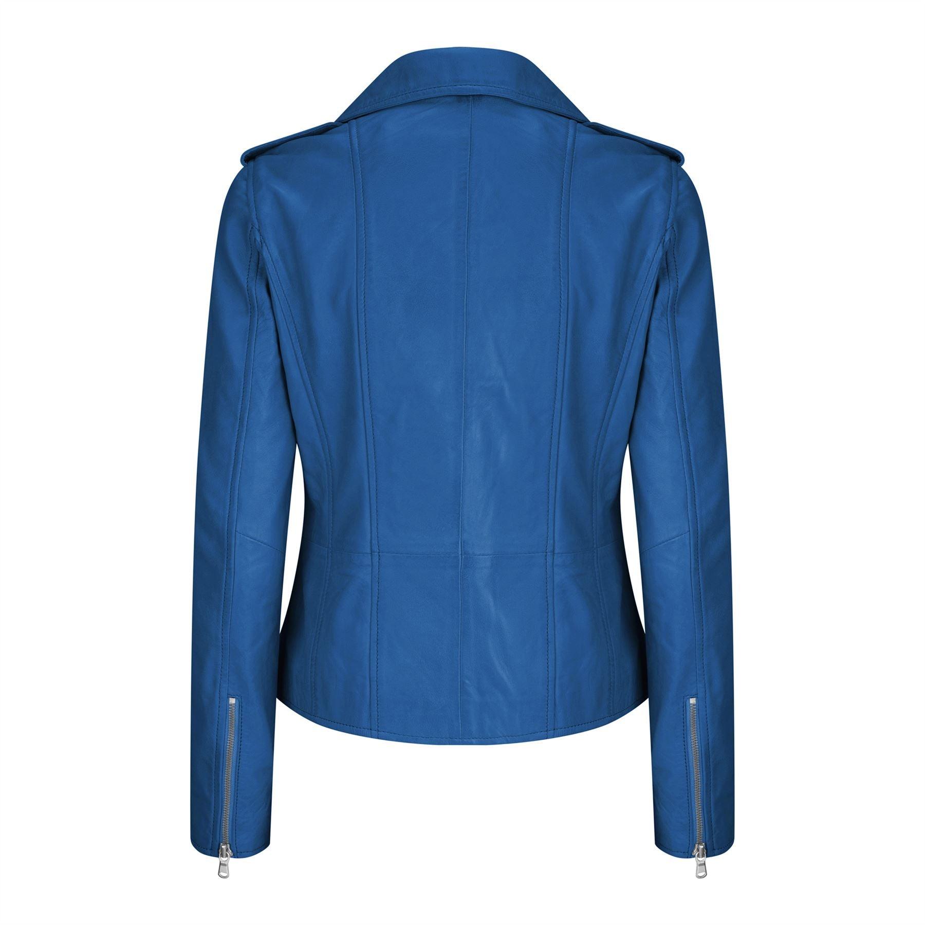 Womens Ladies Girls Soft Blue Real Leather Racing Biker Style Jacket - Knighthood Store