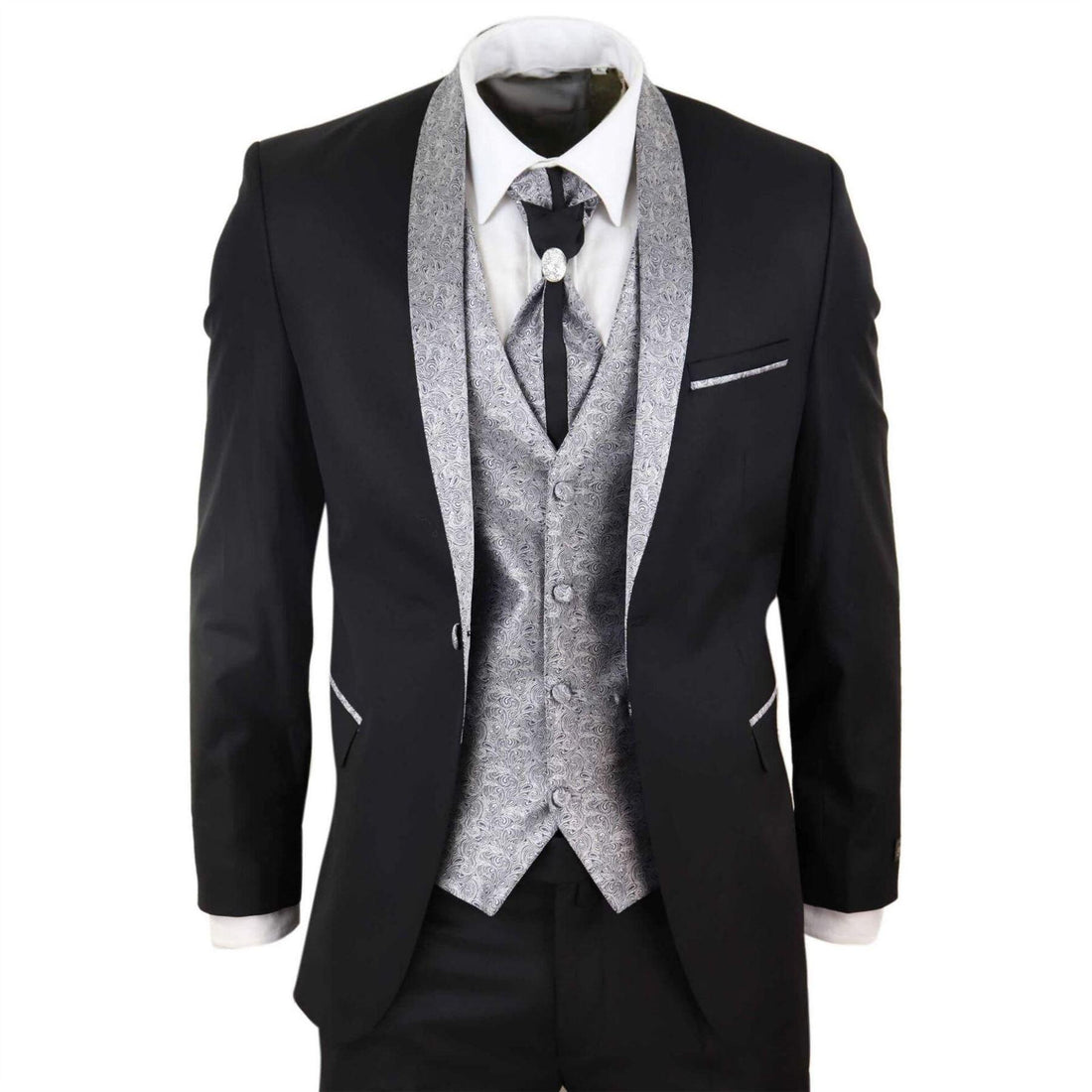 Mens 4 Piece Wedding Suit Groom Shawl Collar Vintage Black Silver Cravat Tailor - Knighthood Store