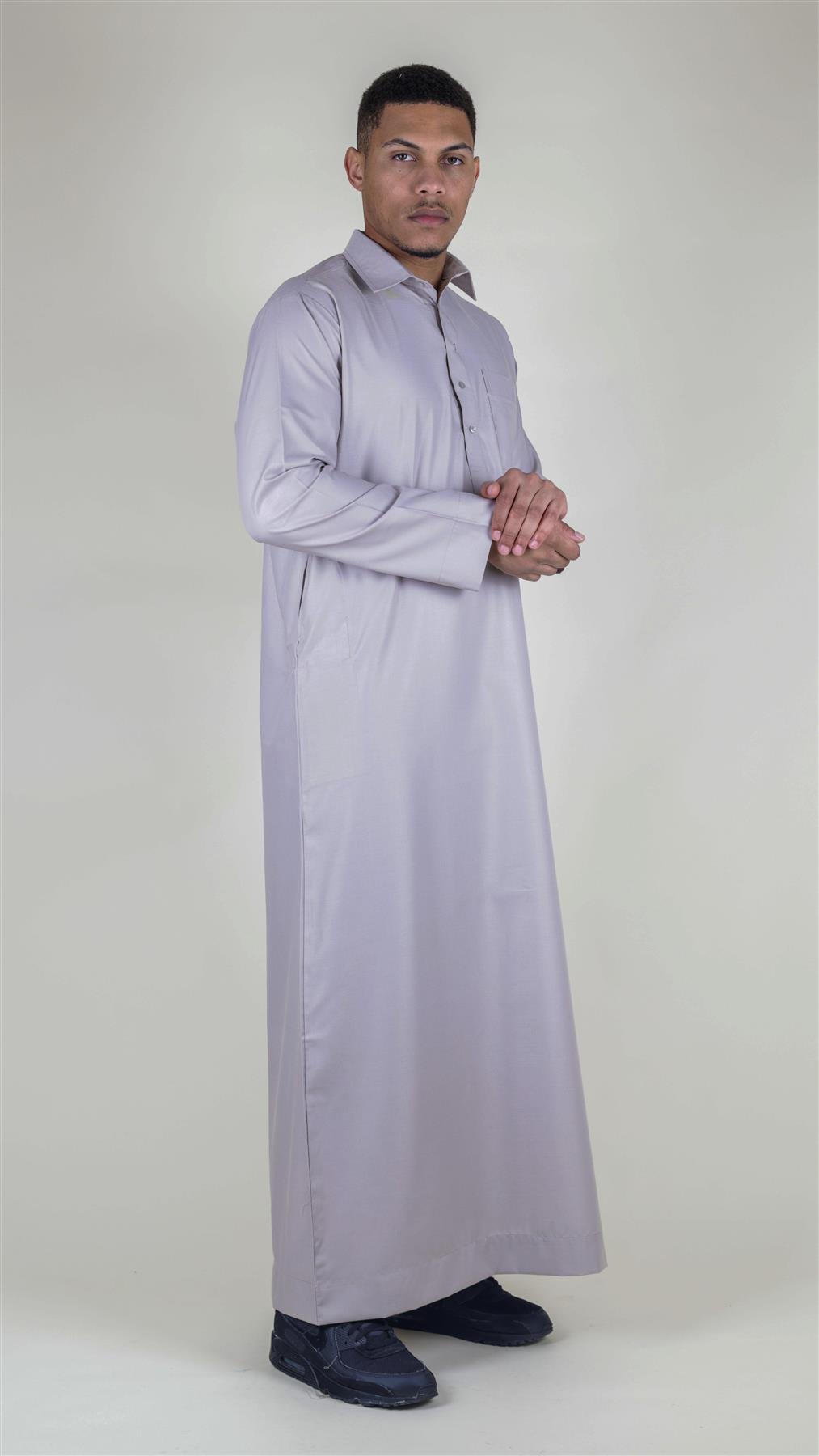 Mens Thobe Jubba Turn Down Collar Islamic Muslim Cotton Kaftan Dress Robe Arabic