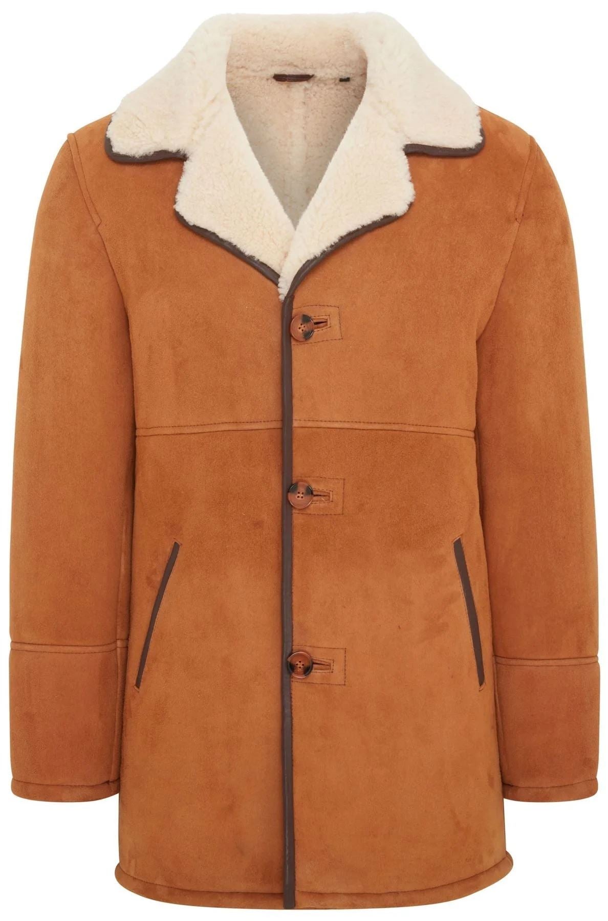 Men's Tan Shearling Sheepskin Car Coat